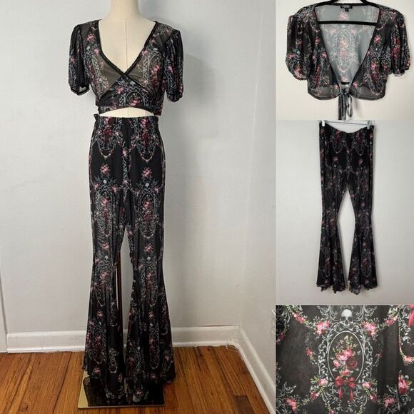 Widow by Dolls Kill Black Floral Mesh Top & Pants XL Whimsigoth Dark Romance - Picture 1 of 16